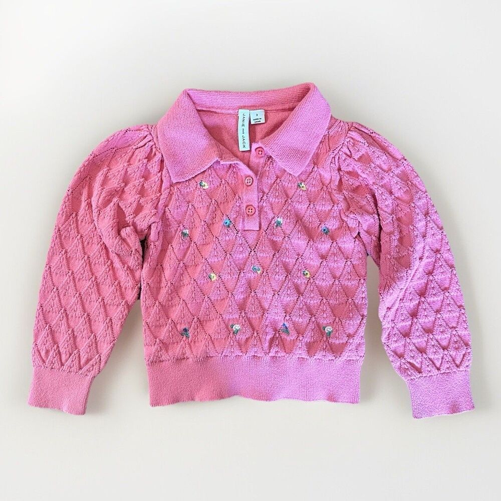 Janie And Jack Size 3T Embroidered Floral Crochet Sweater Pink Coral Collared